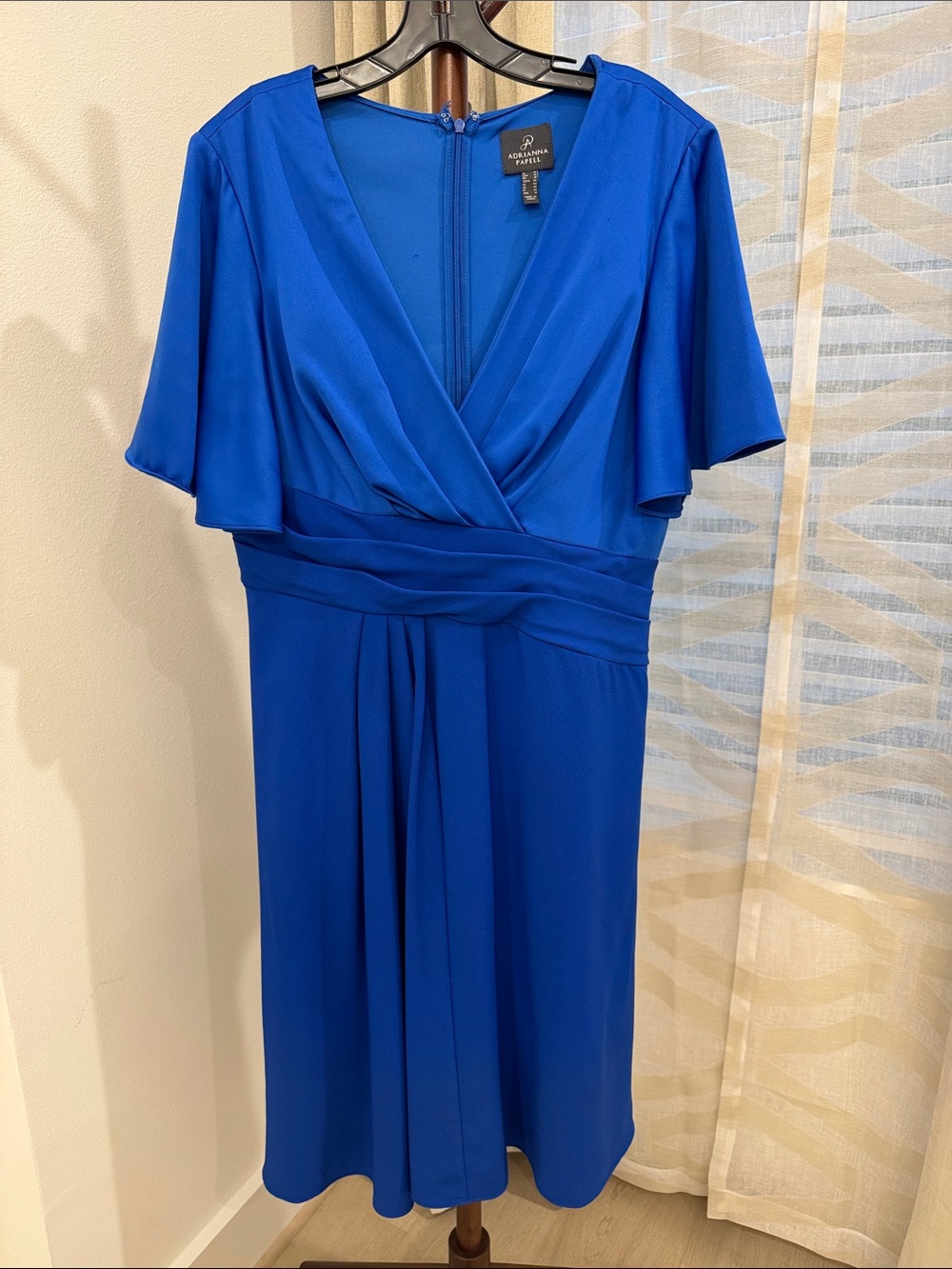Adrianna Papell Cobalt Blue V-Neck Flutter Sleeve Midi Dress